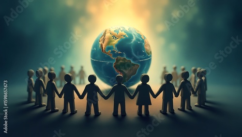 Diverse global community holding hands in unity around a glowing earth
