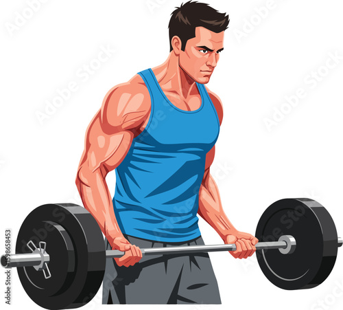 Muscular man lifting barbell athletic weightlifting