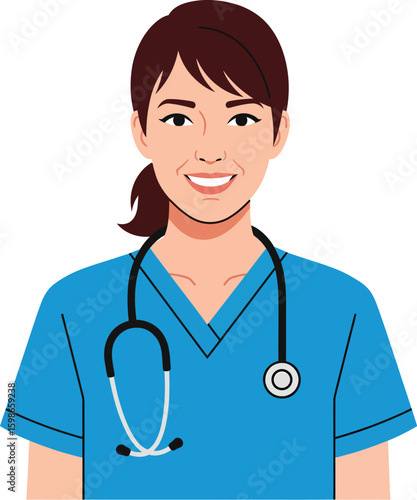 Smiling female medical professional wearing blue scrubs and stethoscope doctor nurse