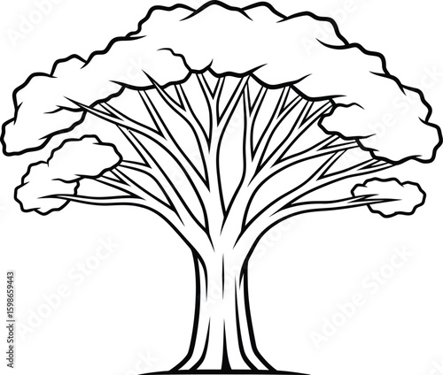 Stylized tree with thick trunk and branching limbs outline black and white