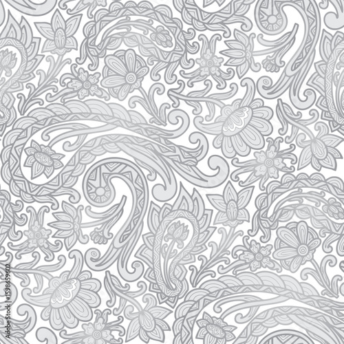 Paisley floral pattern, abstraction, swirl flowers, white and grey colors. Seamless floral pattern-799.