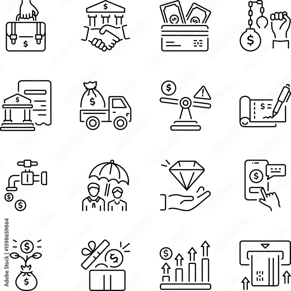 Fototapeta premium Set of Banking Art Outline Style Icons 