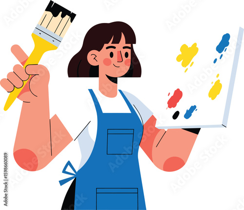 Artist holding paintbrush and palette painting colors