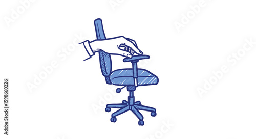 Hand adjusting the height of an office swivel ergonomic chair in blue 

