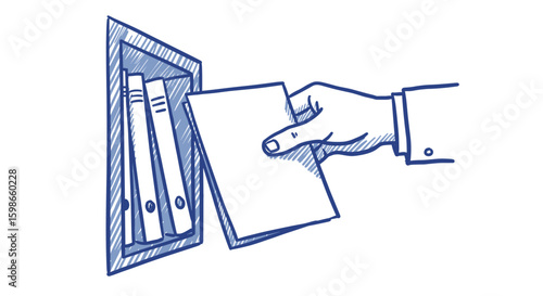 Hand placing document into folder rack in office setting, file in cabinet