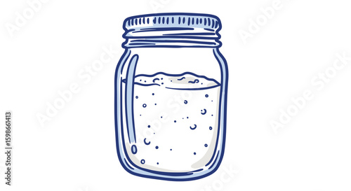 sourdough starter in glass jar vector. Line drawing of a glass jar filled with water and bubbles  