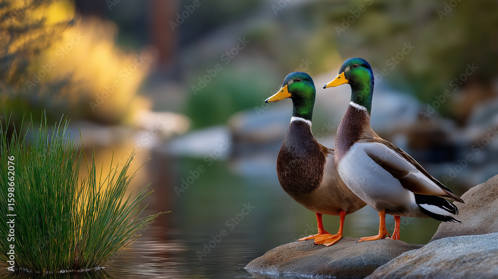 Fototapeta premium Ducks at Pond's Edge in Soft Light