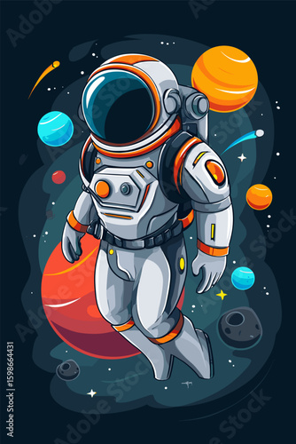 Stylish Astronaut Floating Among Planets in Space Scene