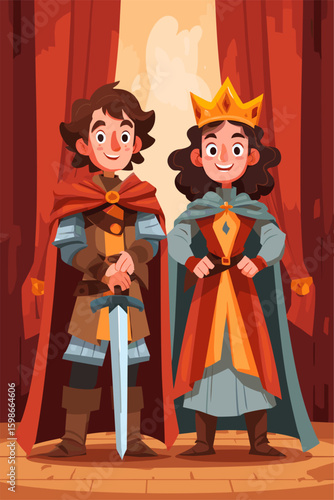 Royal Characters: Cartoon King and Queen in Colorful Costumes on Stage