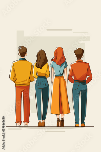Stylish Group of Four People from Behind in Trendy Outfits