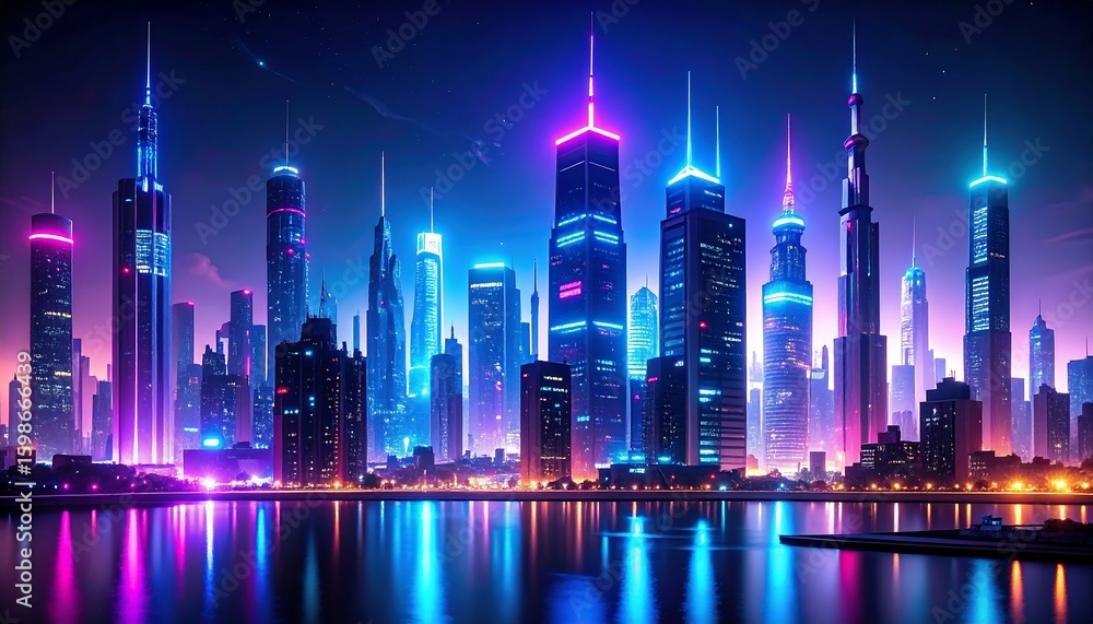 Fototapeta premium Vibrant neon cityscape at night reflecting on water