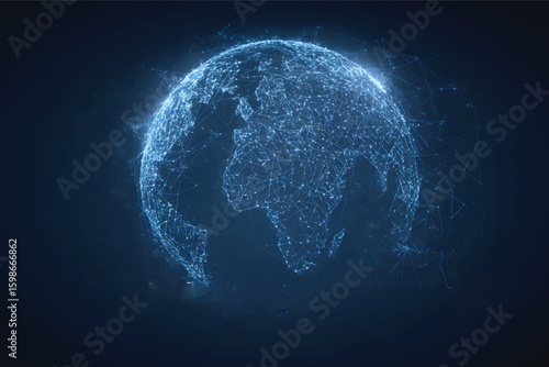 Abstract polygonal planet Earth made of glowing dots and lines, blue background