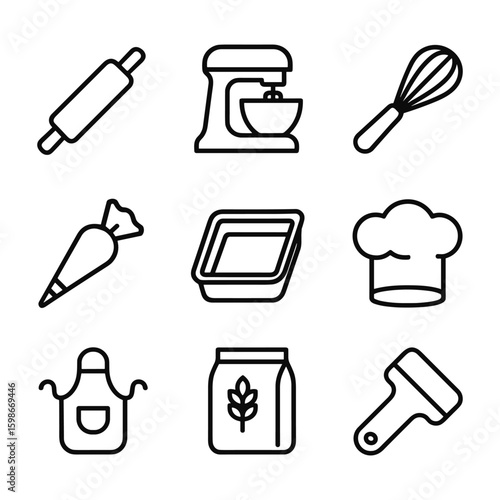 Bakery tools and equipment vector icons. Outline symbols. Line design