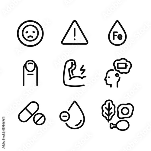 Anemia and iron deficiency icon set. Outline symbols. Line design