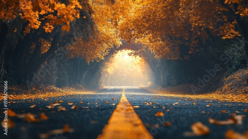 Autumnal road tunnel bathed in sunlight