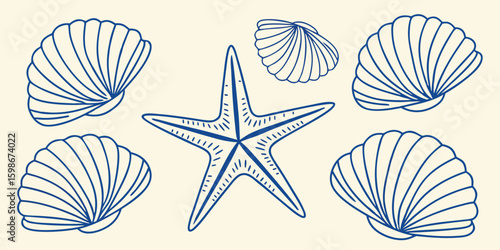 Collection of hand drawn blue seashells and a starfish on a cream background