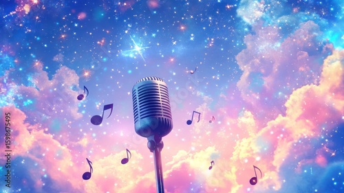 Dreamy scene retro microphone among pastel clouds and shimmering stars, musical notes floating