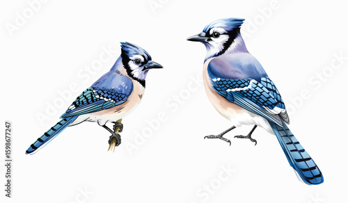 Watercolor illustration of a hand painted blue jay perched on a small branch.