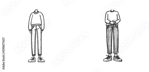Two hand-drawn lower body sketches in casual outfits: slim-fit pants with sneakers and loose jeans with rolled cuffs. Stylish monochrome fashion illustration perfect for design projects.