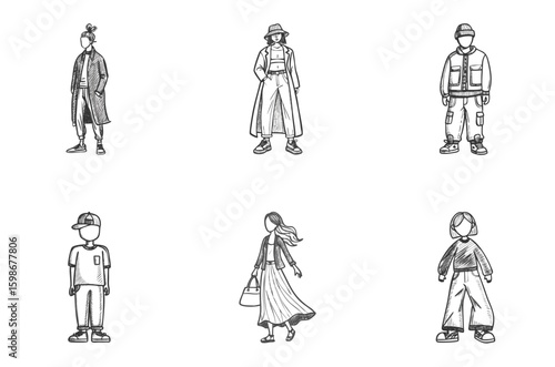 A hand-drawn collection of six diverse fashion figures dressed in streetwear and casual contemporary looks: trench coat, flowy dresses, oversized jackets, wide-leg pants, caps, and tote bags. Urban 