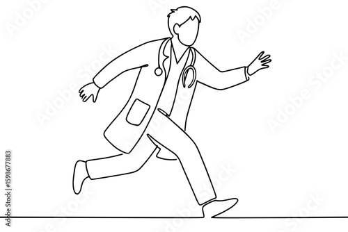 Continuous Line Drawing of Doctor Running in Lab Coat with Stethoscope