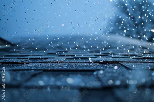 Asphalt roof shingles in a rain and hail stormclose up view of a roof during a storm, shallow depth of field - drops of rain, hail damage close up, video animation
