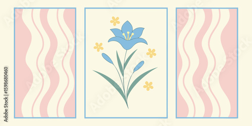 Stylized blue bellflower and yellow blossoms with wavy pink and cream borders