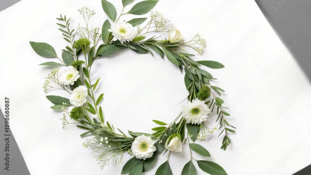 Flower arrangement with copy space featuring white blossoms and lush green leaves. Flower arrangement showcases gerbera daisies and delicate baby's breath, crafted in a circular wreath. Flower arrangement with copy space featuring white blossoms and lush green leaves. Flower arrangement showcases gerbera daisies and delicate baby's breath, crafted in a circular wreath.