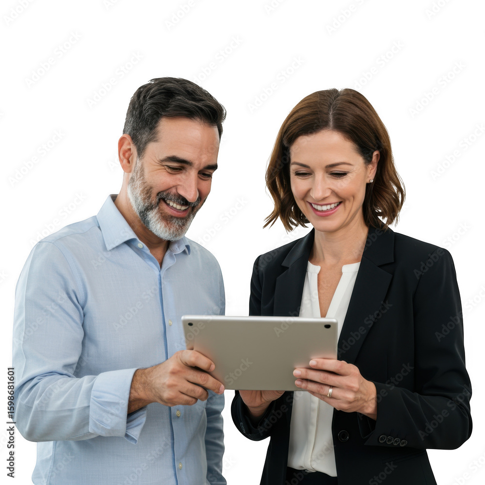 Business partners viewing tablet isolated on transparent background Business partners viewing tablet isolated on transparent background