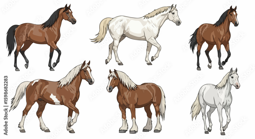 Obraz premium Horses collection in different colors and breeds showing various postures. Horses presentation, perfect for equine-themed projects, educational materials, and design purposes.