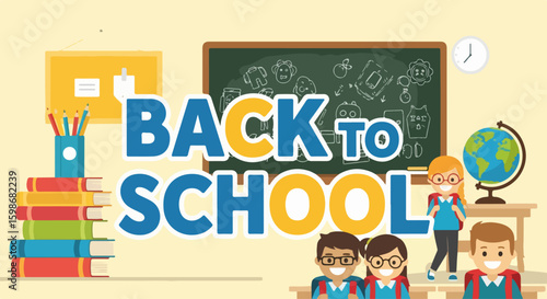 Back to school with pile of books, globe, chalkboard and other school supplies. Back to school time shows studing, knowledge and education. Concept back to school for educational blogs, social media,