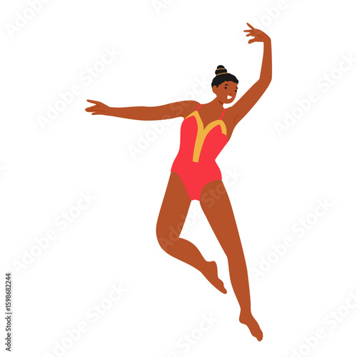 Barefoot woman sport dancer cartoon character leaping gracefully in air isolated on white background