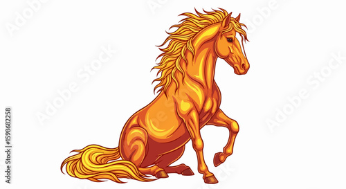 Elegant prancing horse for year of the horse celebrations with fiery golden mane and flowing tail. Prancing horse illustration embodies equine beauty and powerful,