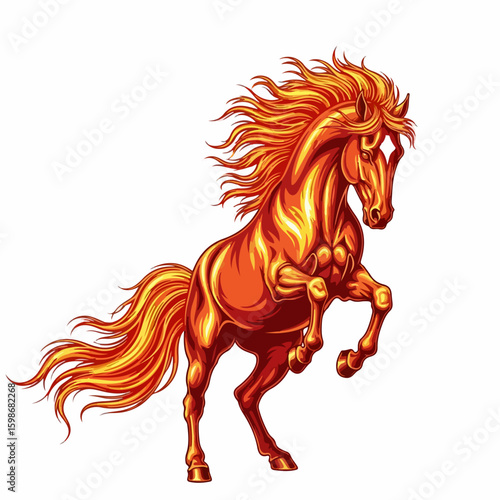 Year of the horse artwork with fiery horse standing majestically on hind legs. Year of the horse celebratory art showing a strong creature with a fiery glow, perfect for lunar new year themes,