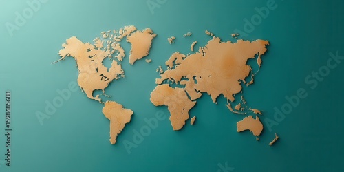Elegant world map design with warm tones on teal background for artistic decor and inspiration