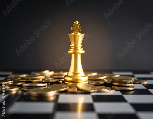 Golden king on a chessboard surrounded by coins