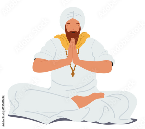 Indian guru teacher cartoon character wearing traditional white costume praying in lotus position