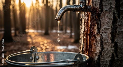 Maple syrup tap dripping into a bucket in a forest at sunrise