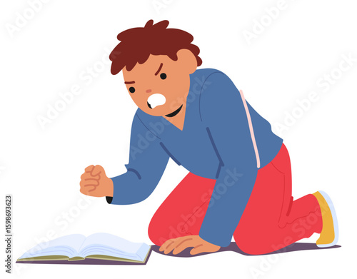 Irritated boy child cartoon character hitting opened book having troubles with reading and learning