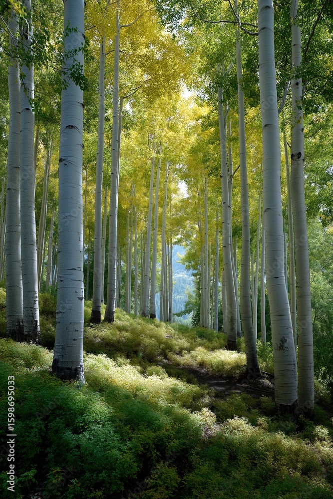 Obraz premium Sunlit path through aspen forest in autumn with lush greenery and yellow leaves