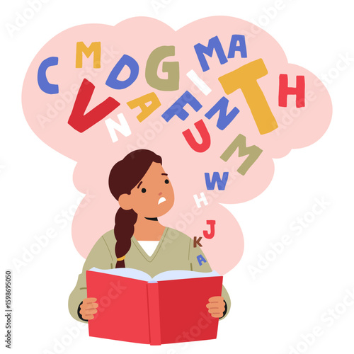 Confused girl school child cartoon character suffering from dyslexia struggling with reading scene