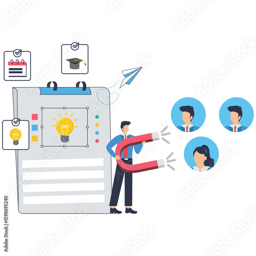 HR manager using magnet to attract candidate profiles recruitment best and top talent acquisition stock illustration
