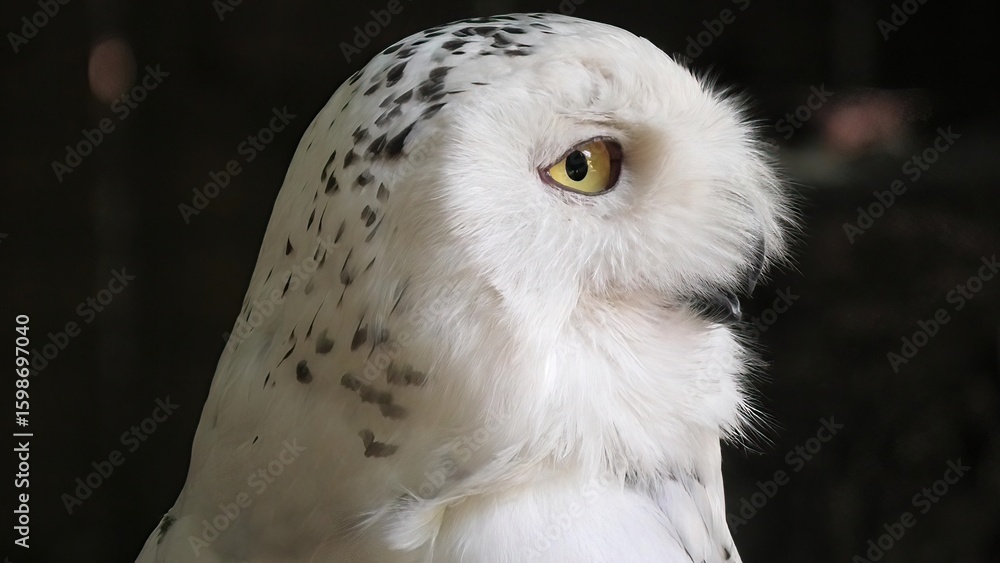 Obraz premium Close-up of nocturnal snowy owl or polar owl. Bubo scandiacus species from Arctic regions of North America and the Palearctic. Falconry birds of prey. Adult female.