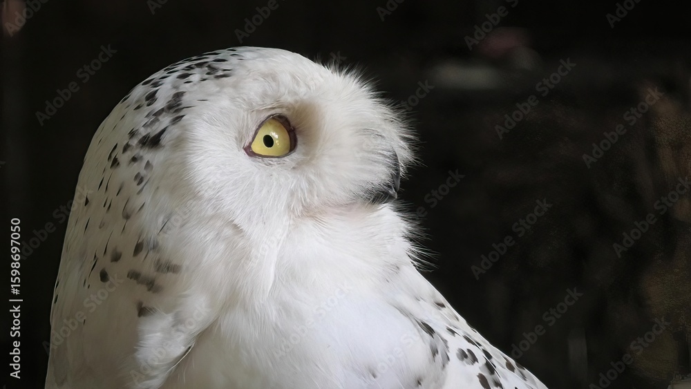 Fototapeta premium Close-up head of nocturnal snowy owl or polar owl. Bubo scandiacus species from Arctic regions of North America and the Palearctic. Falconry birds of prey. Adult female.
