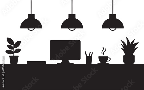 Desk setup with computer plants and coffee monitor potted