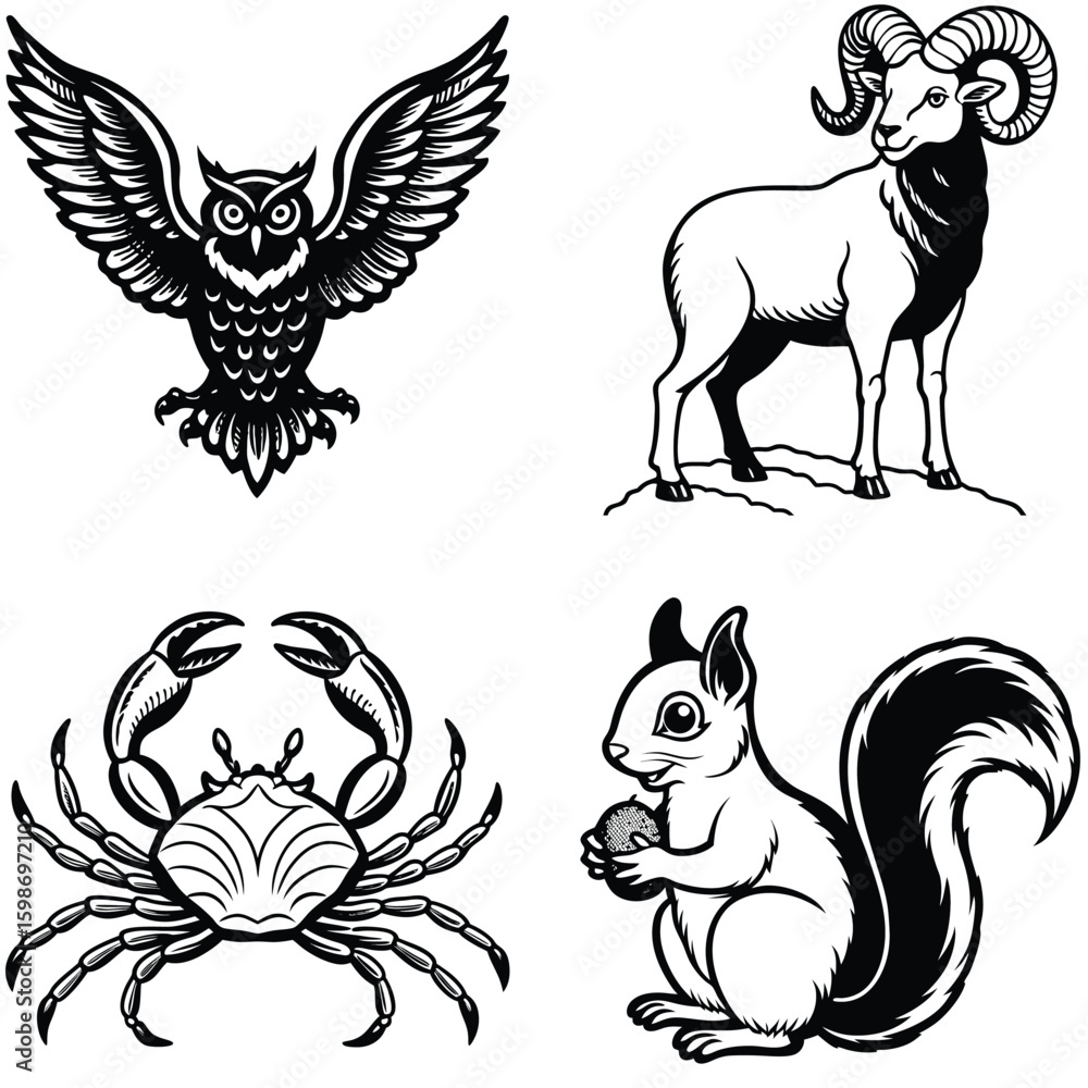 Obraz premium Vector art of a black and white illustration of an owl with its wings spread wide depicted in a stylized graphic design
