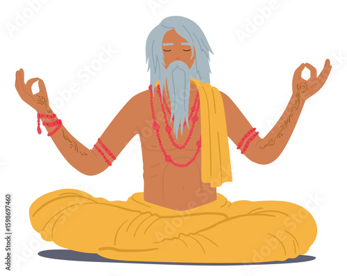 Indian tattooed yoga trainer in traditional red beads jewelry practicing kundalini in lotus pose
