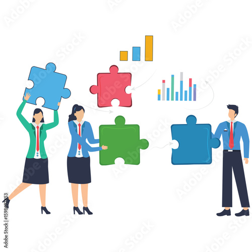 Assembling market strategies, comprehensive data analysis, collaborative problem-solving, insightful decision-making concept vector illustration. Business analysts building puzzle with charts stock il