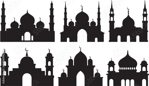 Islamic mosque architecture silhouettes with domes and minarets vector