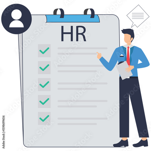 Flat illustration of human resource manager checking candidate questionnaire new hire onboarding checklist vacancy job business interview and HR recruitment stock illustrationt